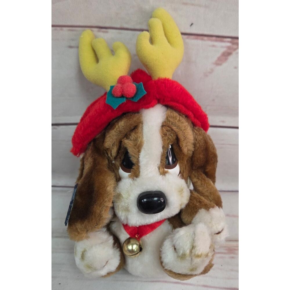 Vintage Applause 1986 Sad Sam Brown Dog Wearing Reindeer Antlers Plush 6 in